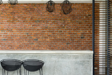 cement counter nightclub with seat bar stool and brick wall - obrazy, fototapety, plakaty