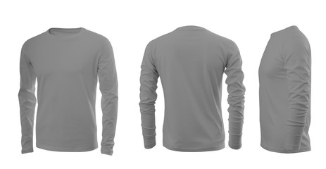 Light grey men's T-shirt with long sleeves with rear and side views on a white background
