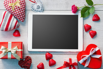 Digital tablet mock up template for Valentine's day holiday. View from above