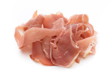 Slices of ham on white background.