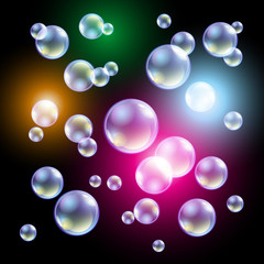colored soap bubbles on a black background Vector illustration