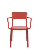 Red Plastic Outdoor Cafe Chair on White Background, Front View