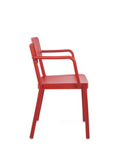Red Plastic Outdoor Cafe Chair on White Background, Side View