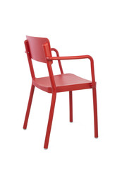 Red Plastic Outdoor Cafe Chair on White Background, Three Quarter Rear View