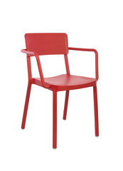 Red Plastic Outdoor Cafe Chair on White Background, Three Quarter View