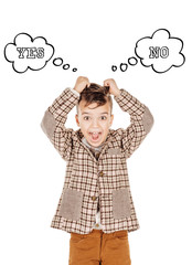 Portrait adorable young happy boy  think about yes or no on whit