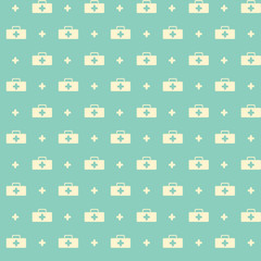 Obraz premium Medicine chest and cross icon seamless pattern. Background with first aid kit for healthcare center medical facility, pharmacy or support service