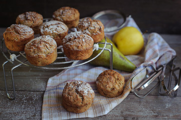 Freshly baked muffins with pear and apple