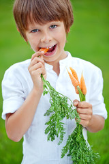 kid eating a carrot on the grass 