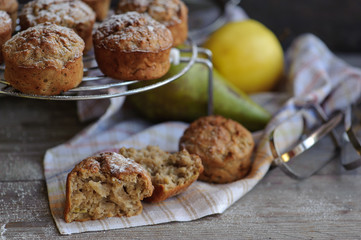 Freshly baked muffins with pear and apple