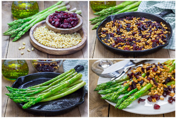 Asparagus appetizer with pine nuts and cranberries, collage