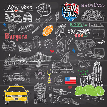 New York city doodles elements collection. Hand drawn set with, taxi, coffee, hotdog, burger, statue of liberty, broadway, music, coffee, newspaper, manhattan bridge, central park, on chalkboard