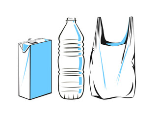 Vector drawing of a plastic carton, bottle and bag