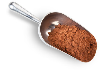 metal scoop with cocoa powder isolated on white background
