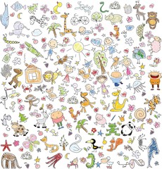 Fototapeta na wymiar Children's drawings of doodle animals, people, flowers 