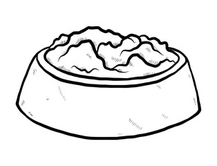 pet food in bowl / cartoon vector and illustration, black and white, hand drawn, sketch style, isolated on white background.