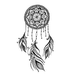 Hand-drawn mandala dreamcatcher with feathers. Ethnic illustration, tribal, American Indians traditional symbol.