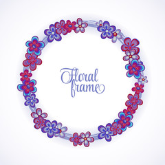 Floral Frame circle. Cute retro flowers arranged un a shape of the wreath perfect for wedding invitations and birthday cards