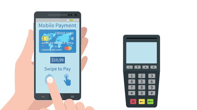 Swiping finger to secure pay on mobile smartphone device. Human finger pressing button to pay a purchase on a smartphone. Pos terminal gets check.