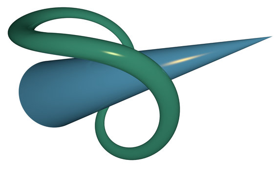 A cone inserted through an infinity spiral on a white background