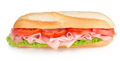 sub with ham, tomato and lettuce isolated on white background