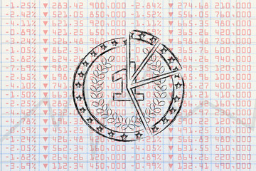 broken coin on top of negative stock exchange performance data