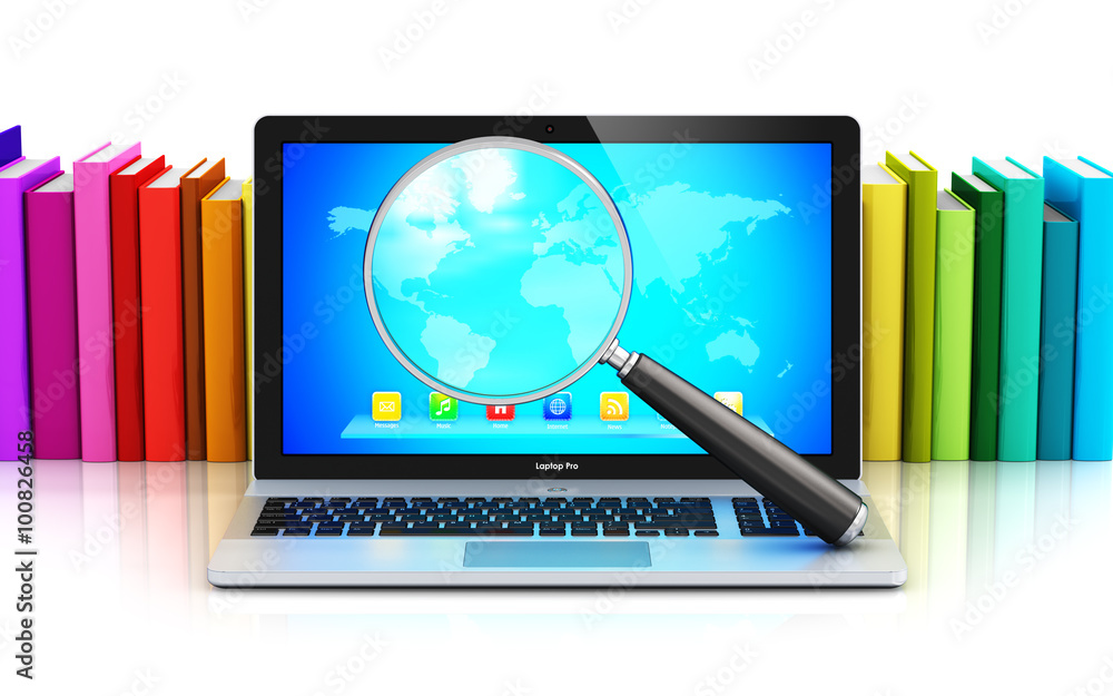 Poster laptop and magnifying glass in front of row of color books