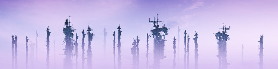 Panorama tech city / 3D render van futuristische sciencefictionstructuren