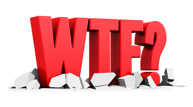 Red WTF? text on white cracked surface