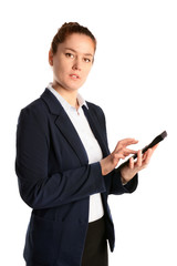 Young business woman calculating finance and thinking. White background isolated