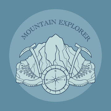 Mountain Explorer Symbol, With Hicking Boots And Ice Picks