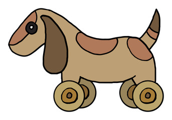 Toy dog with wheels, black and white outline