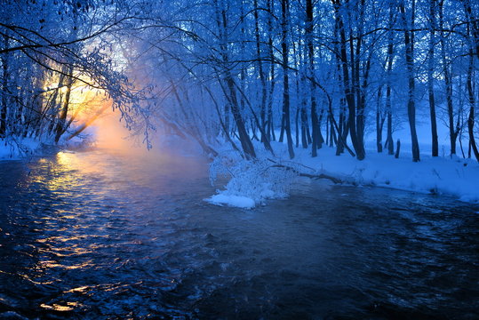 mountain river in winter morming