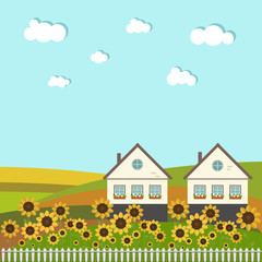 Fototapeta premium Neighboring Country Houses With Colorful Hills And Sunflowers