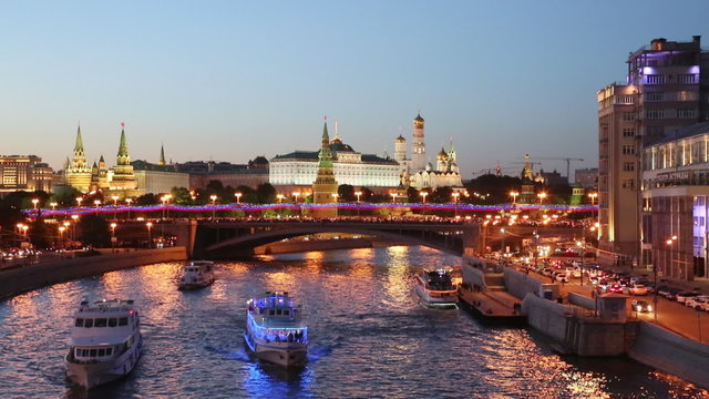 Night views of Moscow, the river, the bridge and the Kremlin, Russia
