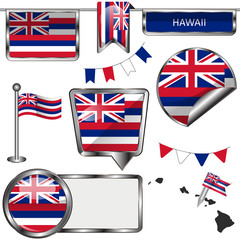 Glossy icons with flag of state Hawaii