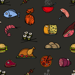  Seamless pattern colored food icons. 