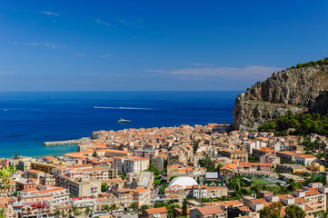 Aerial view of Cefalu with the blue sea and skies, Sicily, Italy.