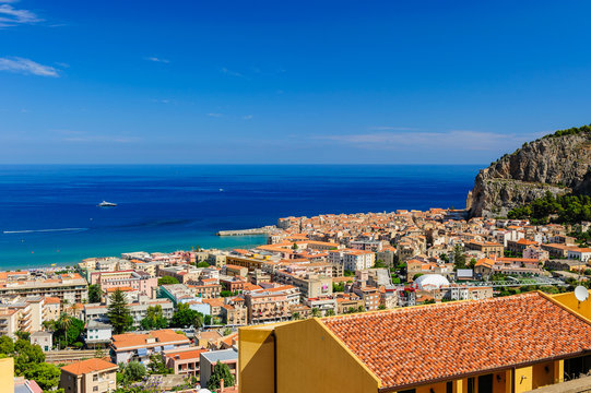 Aerial view of Cefalu with the blue sea and skies, Sicily, Italy.
