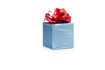 Blue gift box with red ribbon