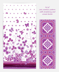 Set of seamless vector vertical pattern with Decorative lilac strawberry and butterfly ornament and ornate border. Hand drawn texture for clothes, bedclothes, invitation, card design etc.