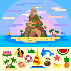 Fantastic summer paradise island with a huge mountain with cave, palms, dolphins, boat. Beach element isolated: flower, palm oasis, cocos cocktail, bananas, watermelon. Flat vector illustration set.
