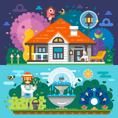 Obraz na płótnie Canvas Nice day and night mystical garden landscapes: awesome kennel for cute dog with nesting box and street lantern. Happy gardener. Majestic peacock. Fountain. Flat vector illustration set 
