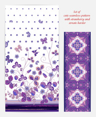 Set of Bright vertical seamless pattern with a violet strawberry, leaves flowers and butterfly on white background also ornate border (ribbon tape band edging )