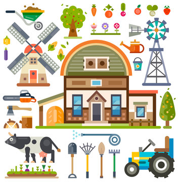 Rural agricultural isolated pictures set: farm house, tools, tractor, windmill, plants, vegetables, broom, shovel, axe, firewood, chainsaw, cow, farm animals. Flat vector stock illustration.