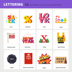 Flat vector letterings: Sale sign, percentage, love sign, food icons, candies and fruits, for sale sign, new year, xmas, rock-n-roll, space sign, keep calm poster, bang comics, need job sign.