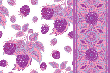 Set of vector seamless pattern with lilac raspberries and border (ribbon, tape, band, strip) in cartoon style. Hand drawn design for Thank you card, Greeting card or Invitation or fabric.