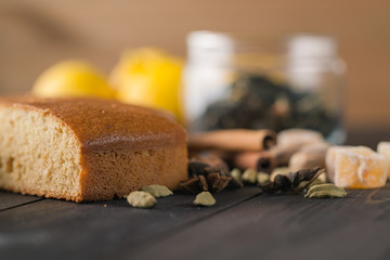 Spices cake on rustic table
