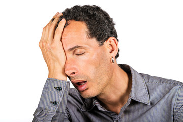 very tired man portrait on white background
