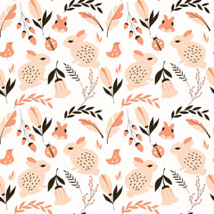 Seamless pattern with rabbits, lady bugs, birds and flowers, vec